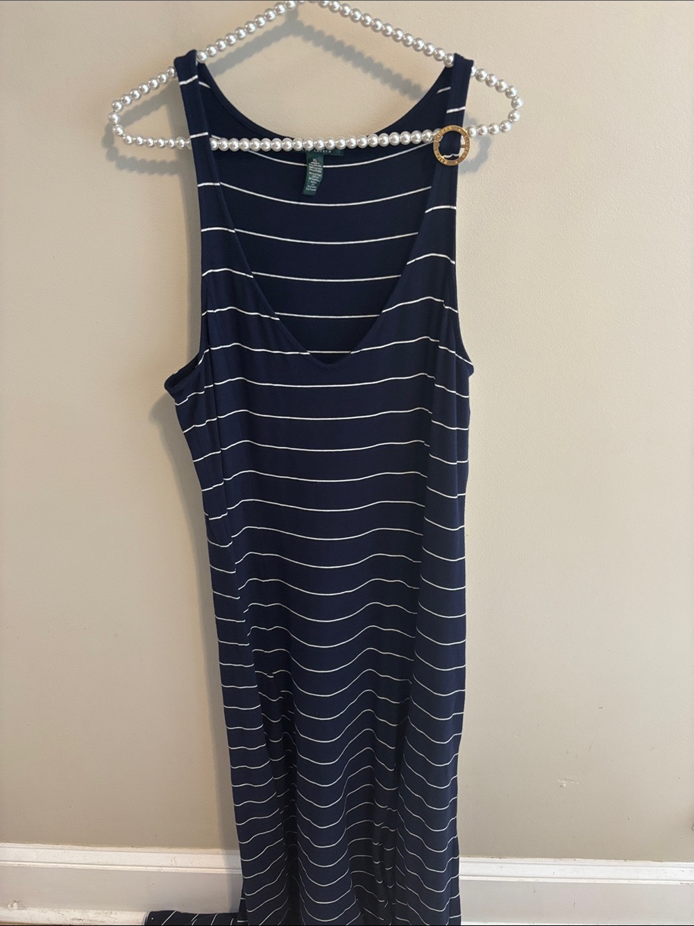 Lauren Ralph Lauren Maxi Dress XL Navy Blue White Striped Sleeveless Tank V-Neck
